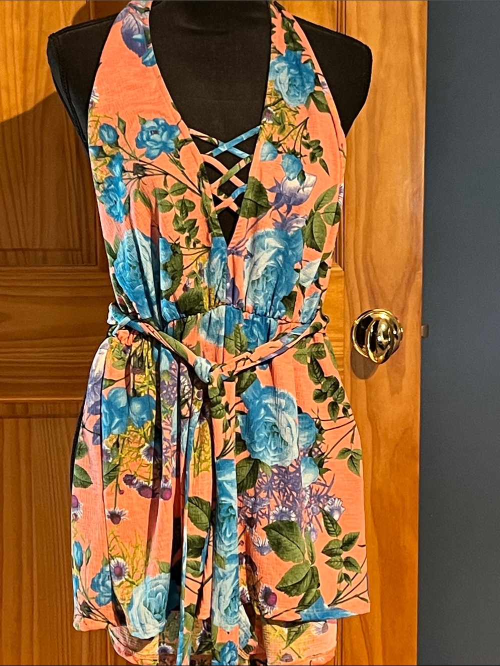 Coral Floral Halter Romper with Blue Rose Print size M